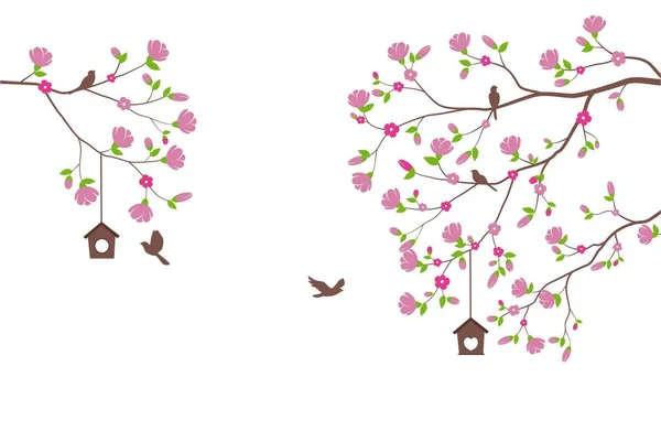 Ilustración Vectorial Hermosa Rama Árbol Con Fondo Silueta Aves Para — Archivo Imágenes Vectoriales