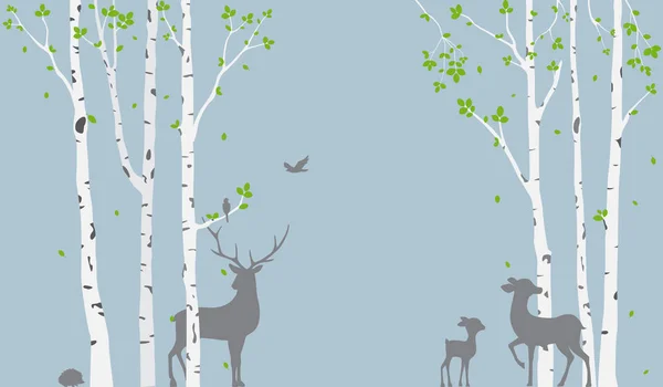 Vector Illustration Birch Tree Deer Birds Silhouette Background Wallpaper Sticker — Stock Vector