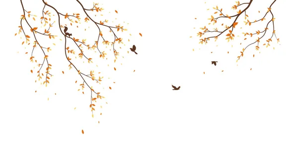 秋天季节的向量例证与落叶与鸟为壁纸贴纸 — 图库矢量图片