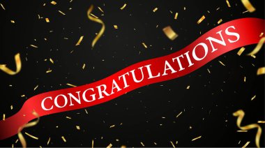 Vektör İllüstrasyon altın konfeti ile tebrikler kırmızı kurdele kutlama tasarımı