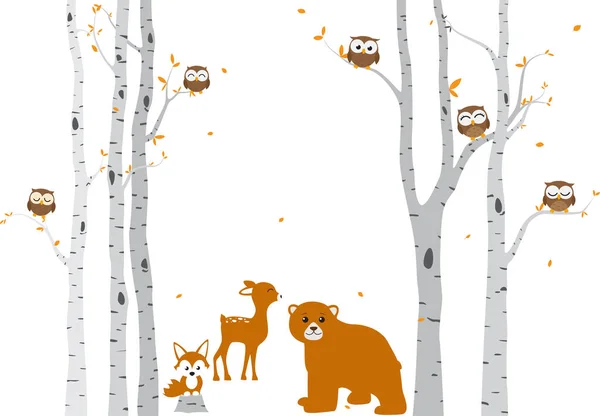 美丽的树枝与鸟类和鹿剪影背景壁纸贴纸的矢量插图 — 图库矢量图片