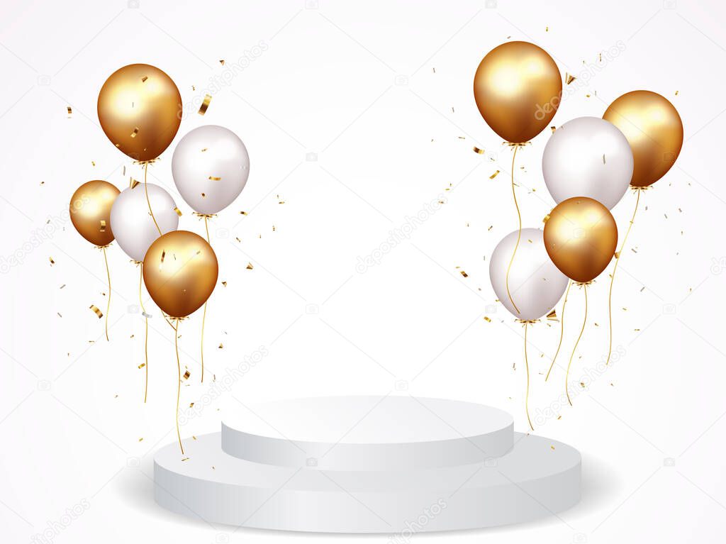 Vector Illustration of Celebration banner with gold confetti and balloons