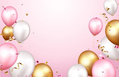 Altın konfeti ve balonlarla kutlama pankartı vektör illüstrasyonu