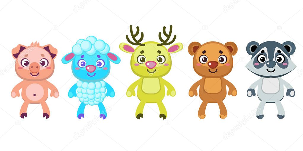 Cute characters of funny cartoon animals. Set of cartoon animals: pigs, sheep, deer, bear and raccoon.