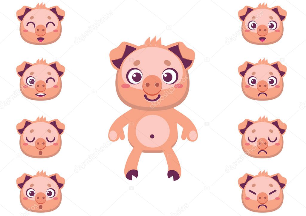 Cute character of a pig. Face designer. Swap faces move body parts and change mood in a few clicks. 100% vector.
