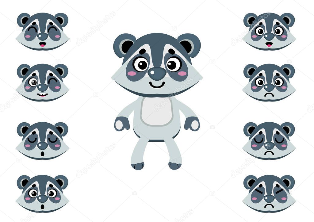 Cute character raccoon. Face designer. Swap faces move body parts and change mood in a few clicks. 100% vector.