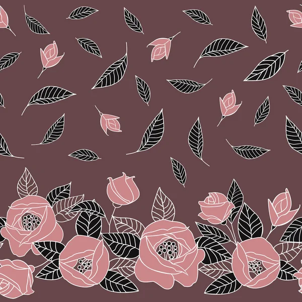 Бесшовный Узор Роз Какао Фоне Розовые Цветы Черных Листьях Белом — стоковый вектор