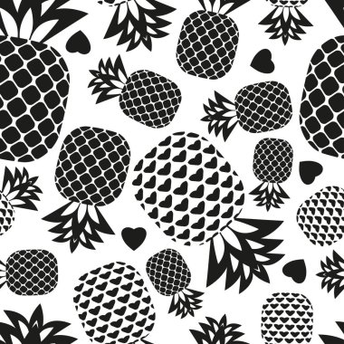 Dikişsiz desen ananas ve kalpleri özetliyor. Öğeleri bir siyah arka plan üzerine rastgele dağılmış.