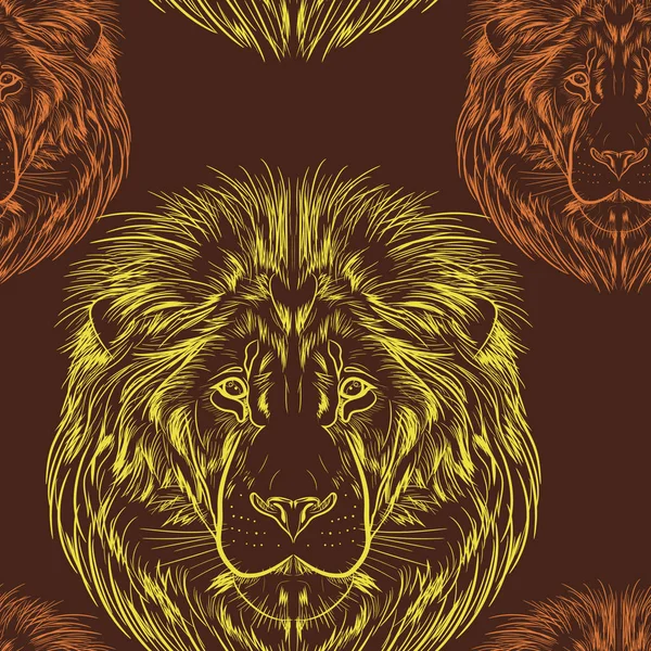 Seamless Pattern Drawings Lion Head Head Depicted Two Contours Yellow — Stock Vector