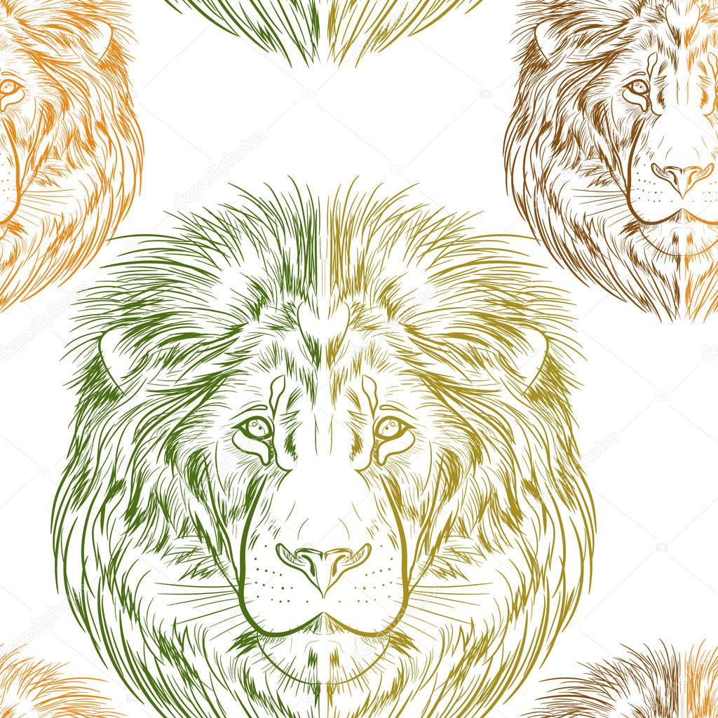 Seamless pattern of image of a lion's head. Repeating lion heads in multi-colored contours on a white background.