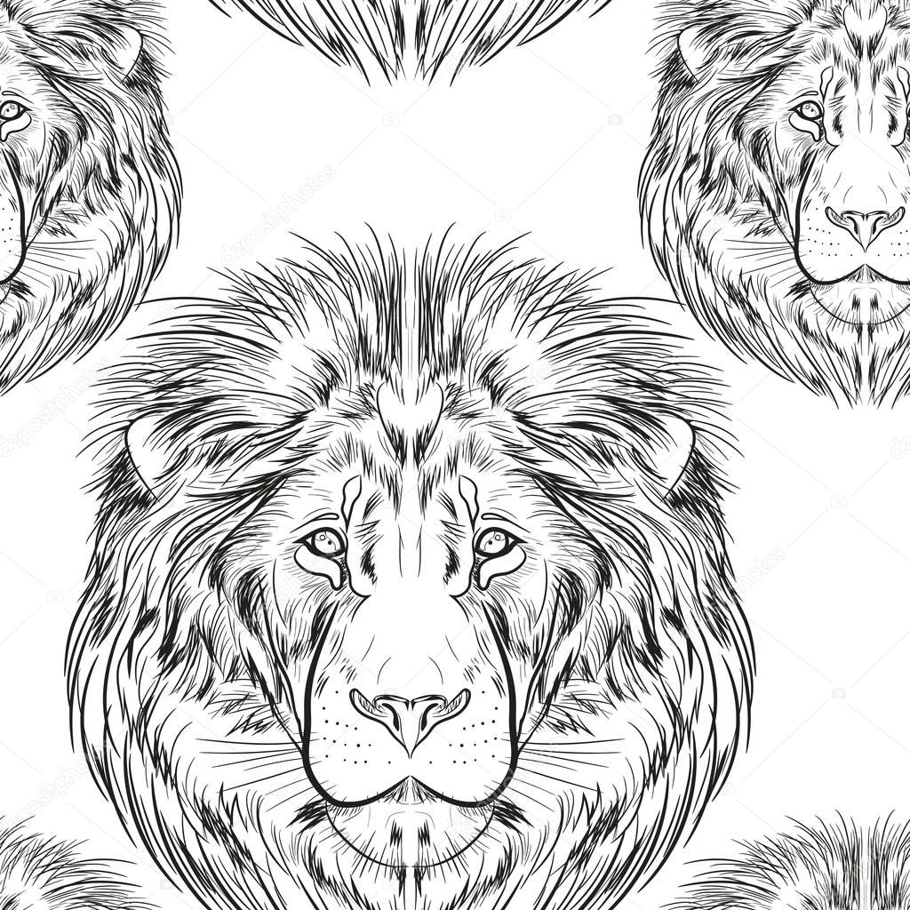 Seamless pattern of image of a lion's head. The lion's head outlined in black on a white background.
