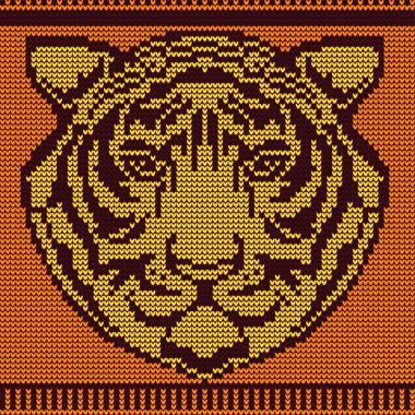 Bir aslan başı bir taç örme çizimi. Turuncu aslan kafasından kahverengi zemin üzerine altın kaplama.