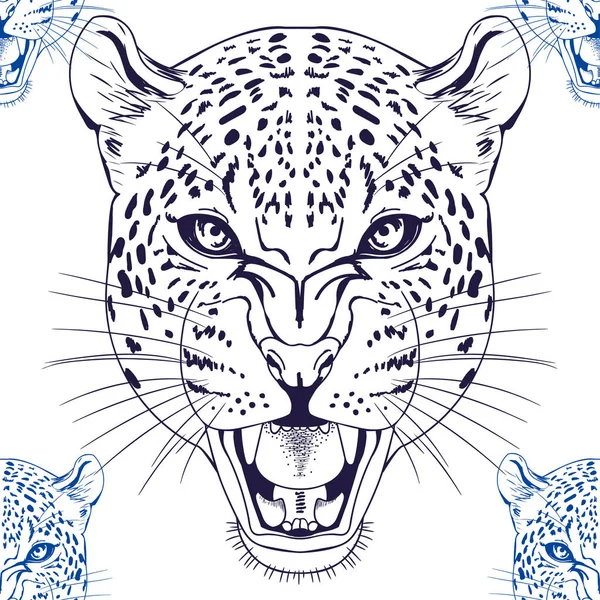 Fundal Fără Sudură Imaginea Leoparzi Gura Snarling Capete Animale Fundal — Vector de stoc