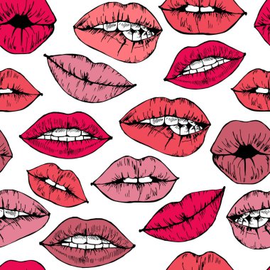 Sorunsuz arka plan beyaz zemin üzerine kırmızı ve pembe rujla farklı kadın dudaklar featuring.