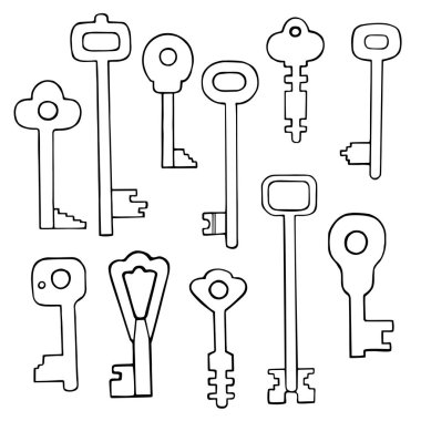 Sorunsuz arka kapı kilitleri için anahtarları bir dizi featuring. Beyaz bir arka plan bulunan anahtarların siyah anahatlar.