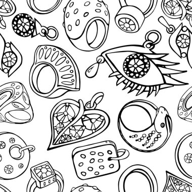 Yüzükler, yüzük, kolye ve kolye beyaz arka planda siyah anahat featuring sorunsuz arka plan.