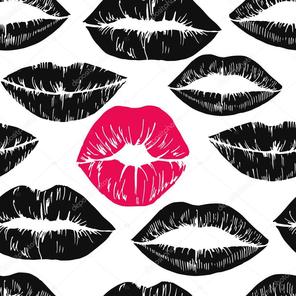 Seamless background featuring female lips in red and black lipstick on white background.