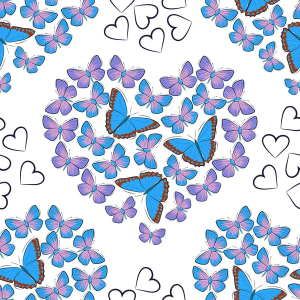 Бесшовный Рисунок Бабочек Форме Сердец Фиолетовая Голубая Бабочка Белом Фоне — стоковый вектор