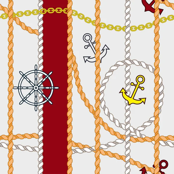 Marine pattern of anchors, ropes, chains and steering wheel — Stock Vector