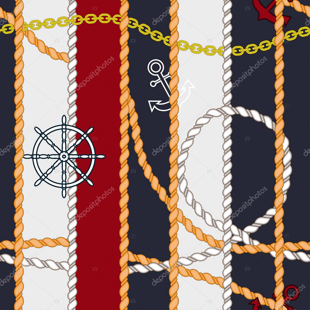 Pattern of anchors, ropes, chains and steering wheel
