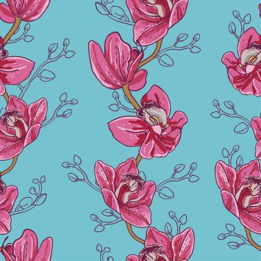 Pembe orkide dikişsiz desen. Turkuaz arka planda dikey çiçek sürüngenleri.