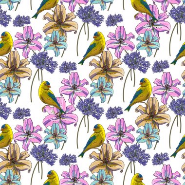 Sarı kuş ve çiçeklerin kusursuz deseni. Kuşlar ve beyaz bir arka plan üzerinde mavi, sarı ve pembe çiçekler.