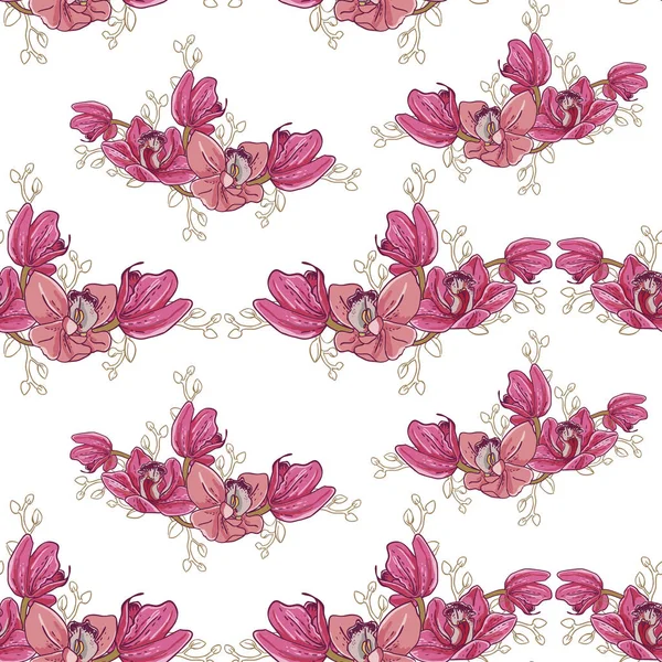Nahtloses Muster Aus Rosa Und Korallenfarbenen Orchideen Auf Weißem Hintergrund — Stockvektor