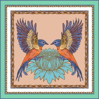 Bir çiçeğin arka planında iki kuş resmi olan bir atkı. Turuncu kuşlar mavi bir çiçeğin üzerinde oturuyorlar..