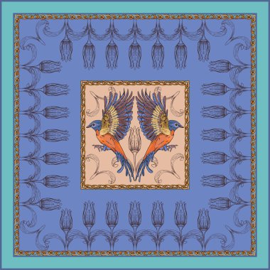 Mavi arka planda uçan turuncu kuşlar ile bir eşarp.