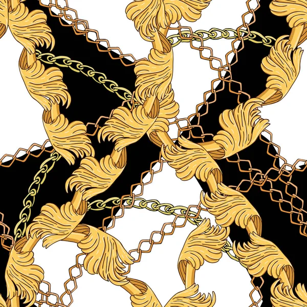Seamless pattern of gold leaves and gold chains on a black and white background.
