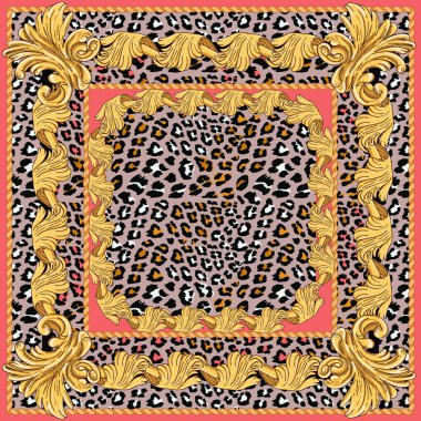 Leopar desenli ve altın detayları olan atkı. Mercan arka planı yla ilgili ayrı ayrıntılar.