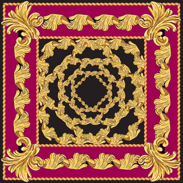 Scarf with a pattern of gold elements. Golden border on a black and burgundy background in the power of modern.
