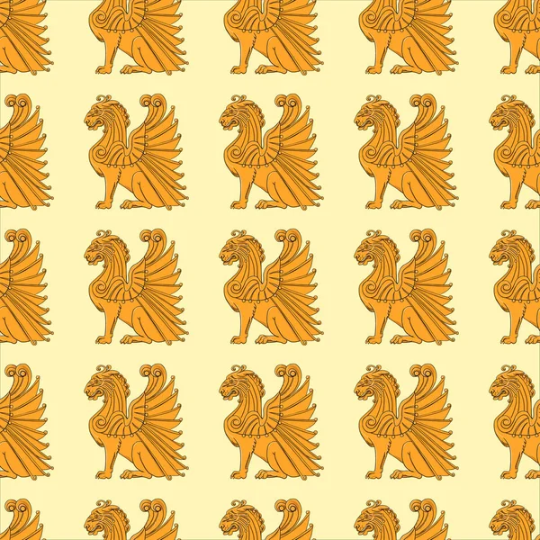 Nahtloses Muster Mit Dem Bild Geflügelter Goldener Löwen Auf Gelbem — Stockvektor
