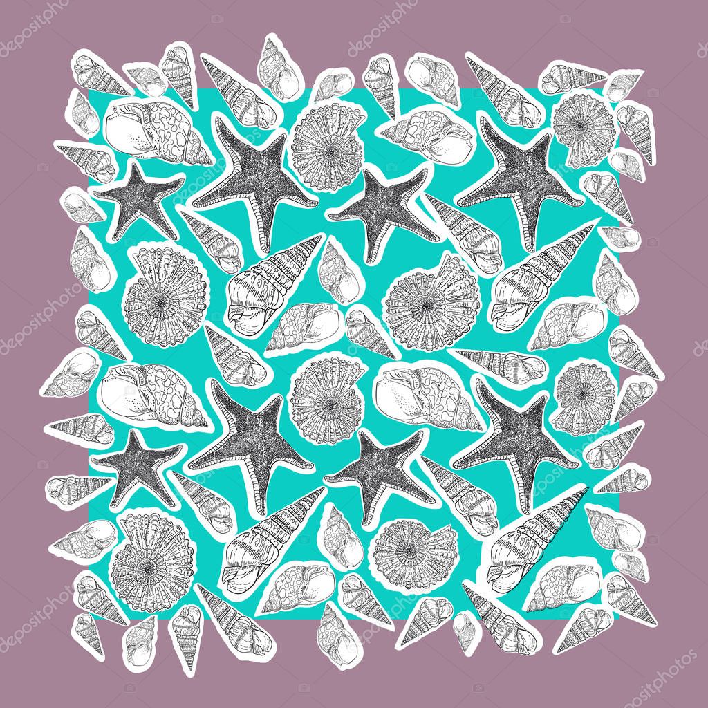 Scarf with contours of seashells on a turquoise background