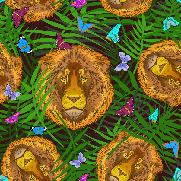 Leões e borboletas na grama —  Vetores de Stock