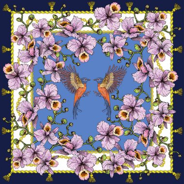 Pembe orkide ve uçan kuşlar ile Eşarp