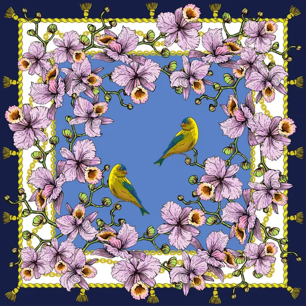 Шарф с розовыми орхидеями и птицами — стоковый вектор