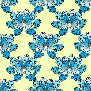 Sarı arka planda soyut mavi çiçekler