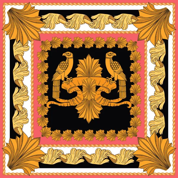 Halsduk med ett mönster av gyllene fåglar och Art Nouveau Detaljer — Stock vektor