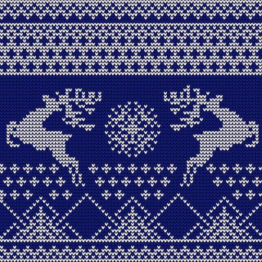 Mavi bir sırt deseninde örülmüş beyaz geyik siluetleri.