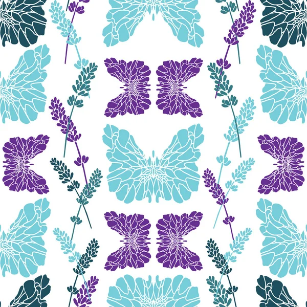 Сине-зеленые и лиловые бабочки и кусочки лаванды — стоковый вектор