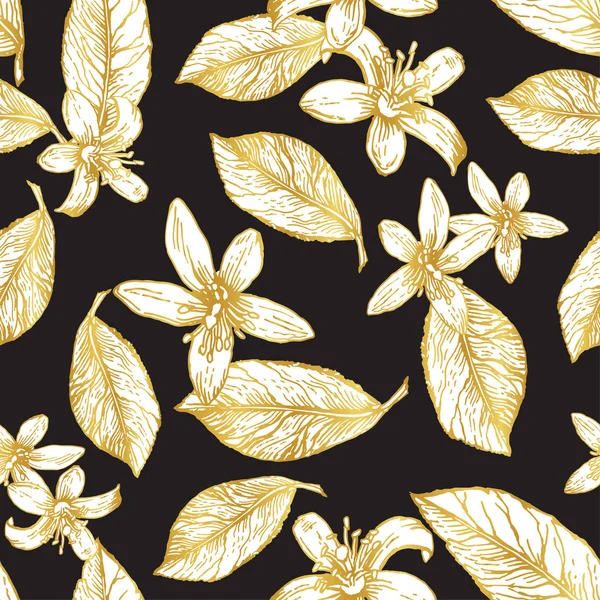 Flores doradas y hojas de limón sobre un fondo oscuro — Vector de stock