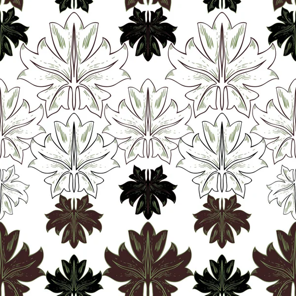 Pattern of white and brown leaves of plants on a white background in vintage style. Vector pattern.