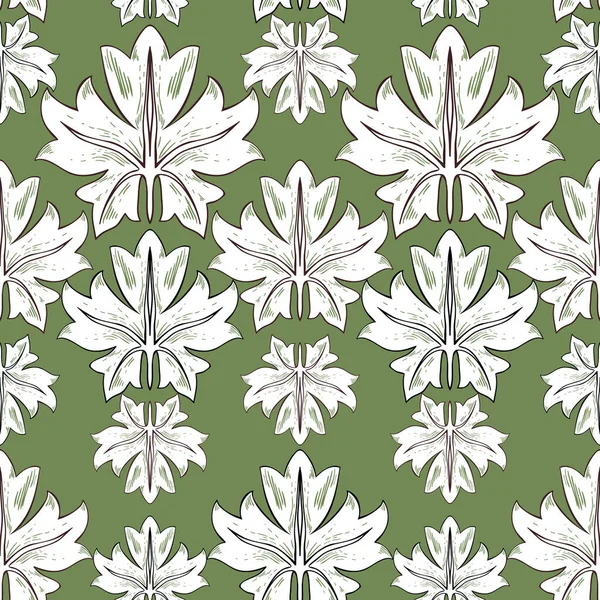 Muster Weißer Traubenblätter Einzelne Pflanzenelemente Unterschiedlicher Größe Auf Grünem Hintergrund — Stockvektor