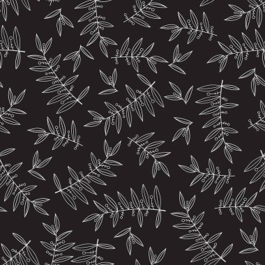 Dış hat dallarının kusursuz vektör deseni. Bitkilerin beyaz elementlerini siyah arkaplanda rastgele sıraladım..
