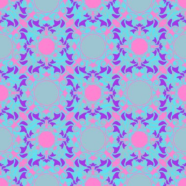 Çiçeksel elementlerin renkli parlak grafik deseni. Grafik arkaplanda pembe-gri-menekşe deseni. Kusursuz desen.