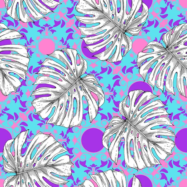 Tropical casting monstera on graphic background. Black and white image of a palm tree on a colored oriental ornament. Seamless pattern for different surfaces.
