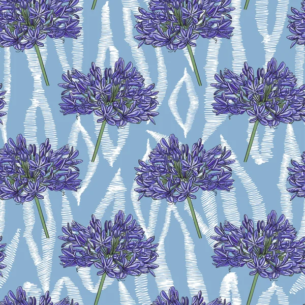 Image Agapanthus Bleu Fleurit Sur Ornement Abstrait Formes Zigzag Blanc — Image vectorielle