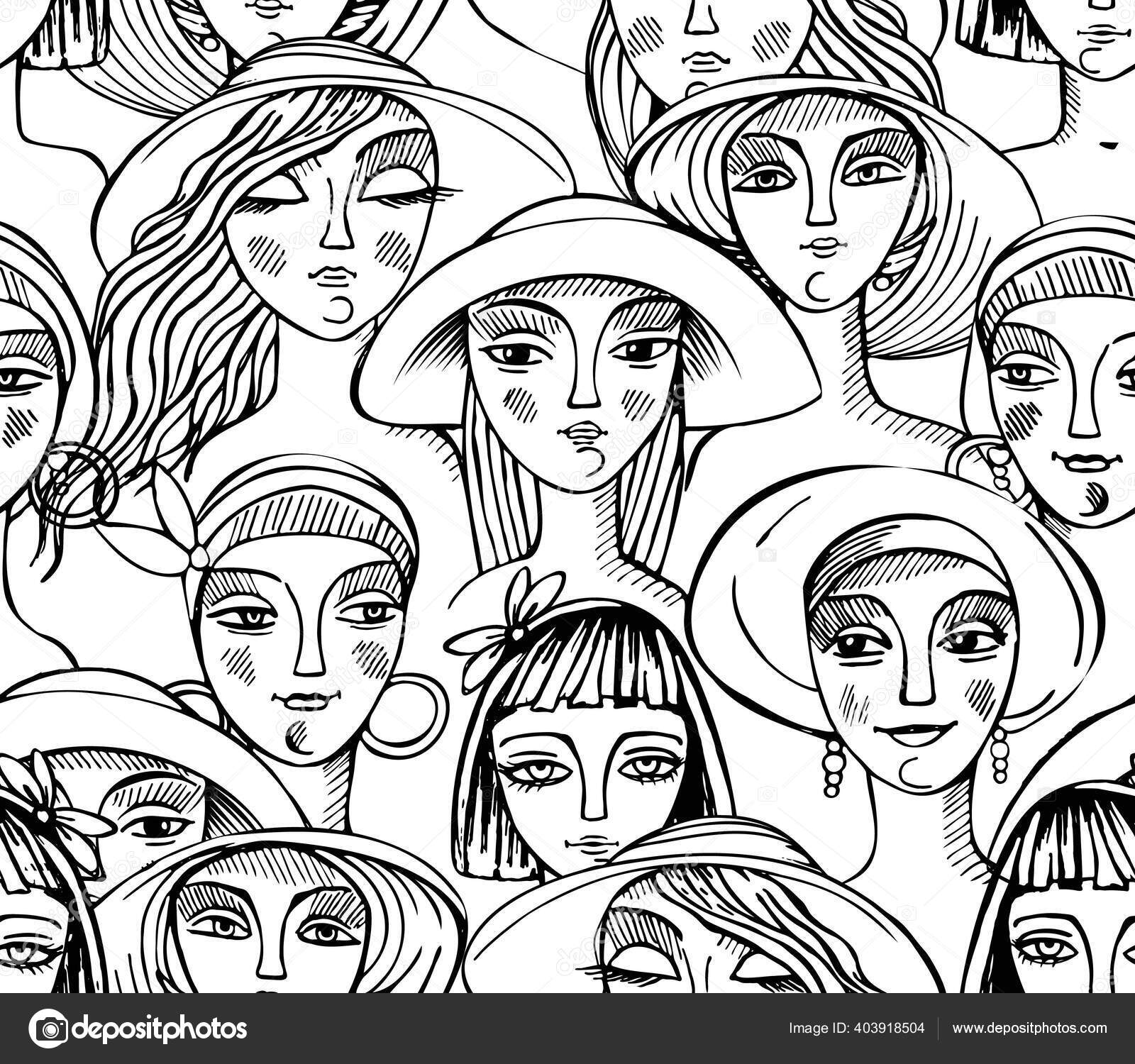 Desenho Preto Branco Rostos Femininos Cabeças Boneca Chapéus Moda Padrão  imagem vetorial de ilyukolga© 403918504
