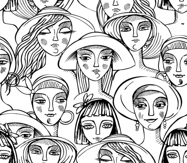 女性の顔の黒と白の図面 流行の帽子の人形の頭 ファッションスタイルのシームレスベクトルパターン — ストックベクタ
